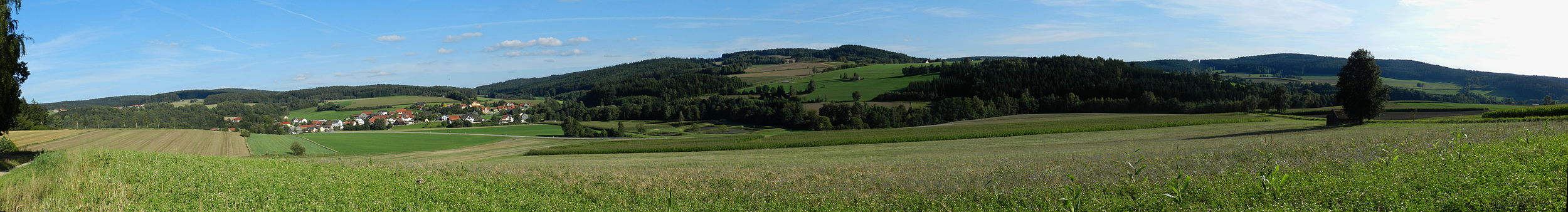 Panoramaansicht Lampenricht; von links: Pilchau, Lampenricht, Plassenberg, Seeberg, einige Häuser von Gleiritsch, Kohlmühlholz, Gemarkung Bernhof (2011)