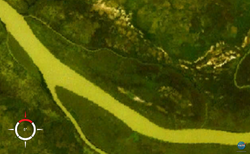 NASA World Wind-SatellitenbildDer Gambia fließt hier im Bildausschnitt in westlicher Richtung. Der nördliche Kanal bei Njubou Island ist im Mangrovenwald kaum erkennbar.