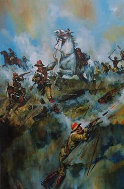 Soldat George Mossop springt mit seinem Pferd Warrior vom Berg in der Schlacht von Hlobane