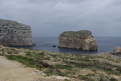 Fungus Rock mit Dwejra Bay, von Gozo aus gesehen