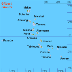Maiana gehört zu den zentralen Atollen der Gilbertinseln, nördlich des Äquators