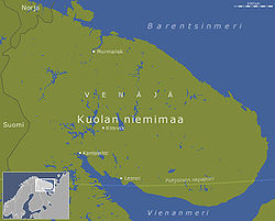Lage der Halbinsel Kola zwischen der Barentssee und dem Weißen Meer