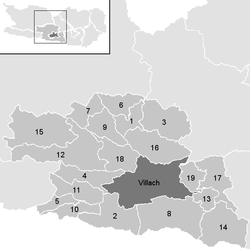 Lage der Gemeinde Bezirk Villach-Land   im Bezirk Villach-Land (anklickbare Karte)