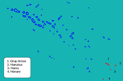 Lage der Actéon-Inseln (1) im Tuamotu-Archipel