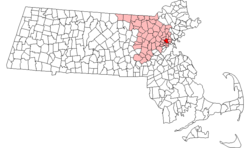 Lage von Medford im Bundesstaat Massachusetts, rosa angefärbt: Middlesex County
