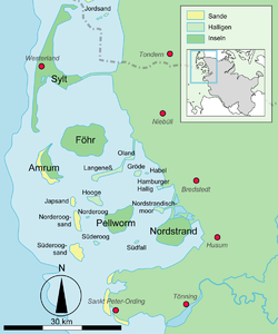 Lage der Inseln und Halligen im Nordfriesischen Wattenmeer
