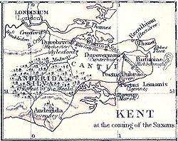 Historische Karte, die den ehemaligen Wantsum Channel vor der Insel Thanet (ganz im Osten) zur Zeit der Ankunft der Angelsachsen in Britannien darstellt