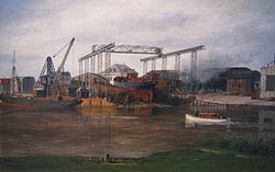 Die Roon beim Bau in der Werft (Zweites Schiff von rechts in der Werft)
