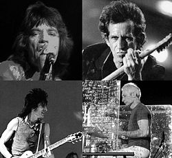 oben: Mick Jagger (1972), Keith Richards (1995) unten: Ron Wood (1981), Charlie Watts (2006)