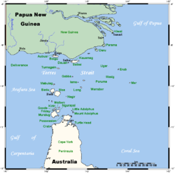 Lage der Torres-Strait-Inseln:Mabuiag etwa in der Bildmitte, links.