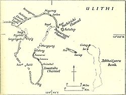 Karte des Ulithi-Atolls und der östlich davon gelegenen Zohhoiiyoru Bank
