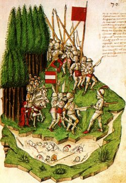 Die Schlacht am Morgarten nach einer Illustration in der Berner Chronik, 1483