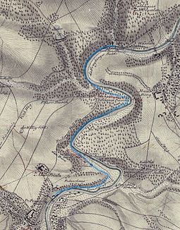 markierter Kanalverlauf auf einem Meilenblatt von 1786 mit Nachträgen bis 1876