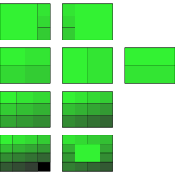 Verschiedene Methoden, einen 16:9-Bildschirm aufzuteilen: 1+3 und 3+1 (4:3), 2×2, 3×3, 4×4 (16:9), 1+1 (8:9 vertikal, 16:4½ horizontal), 4×3 (4:3), 1 in 12.