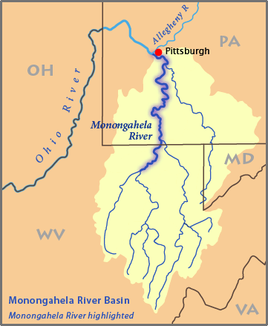 Karte des Einzugsgebietes des Monongahela Rivers, der Fluss ist hervorgehoben.