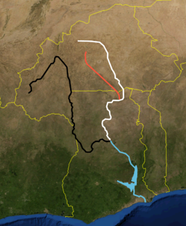 Schwarzer, Roter und Weißer Volta sowie der vereinigte Fluss vor dem Hintergrund der Ländergrenzen Ghanas und Burkina Fasos