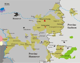 Karte des Freistaats Braunschweig (braun; ohne Exklave Thedinghausen) 1918–1942