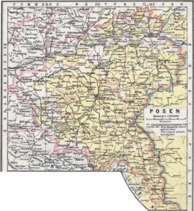 Karte der Provinz Posen 1905 (gelb: mehrheitlich polnischsprachiges Gebiet)