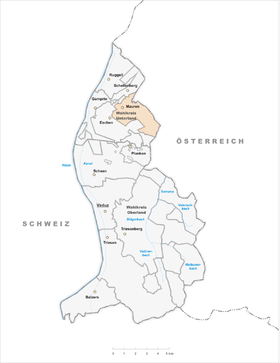 Lage der Gemeinde Mauren (Liechtenstein)  im Fürstentum Liechtenstein (anklickbare Karte)