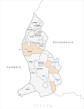 Lage der Gemeinde Schaan  im Fürstentum Liechtenstein (anklickbare Karte)