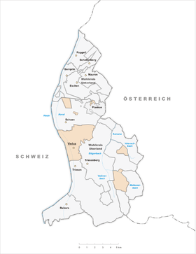 Lage der Gemeinde Vaduz  im Fürstentum Liechtenstein (anklickbare Karte)