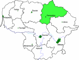 Landkarte Litauens – Distrikt Panevėžys hervorgehoben