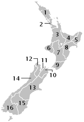 Karte Neuseelands mit eingezeichneten Grenzen der Regionen