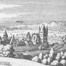 Das Schloss in einer Zeichnung von 1655[1] aus der in der Topographia Germaniae erschienen Topographia Hassiae von Matthäus Merian. Blick vom südöstlichen Herrnberg nach Norden über den östlichen Teil der Stadt[2]