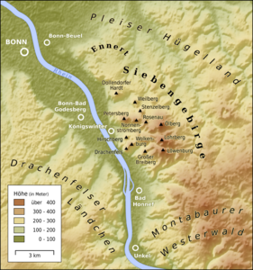 Karte des Siebengebirges mit den 13 höchsten Gipfeln