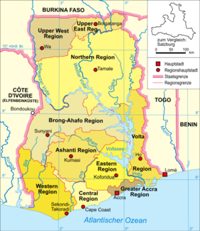 Ghana, der Pra ist an der Grenze Aschanti und Central Region erkennbar und mündet bei Sekondi-Takoradi in den Atlantik