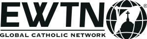 Logo „EWTN - Global Catholic Network“ mit stilisierter Abbildung: Globus, davor Satelliten-Uplinkantenne und Domkuppel mit Kreuz im Vordergrund