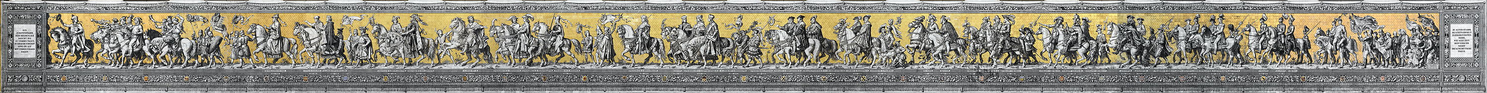 Panorama-Montage des Fürstenzugs, der Darstellung der tausendjährigen Geschichte des Fürstenhauses Wettin