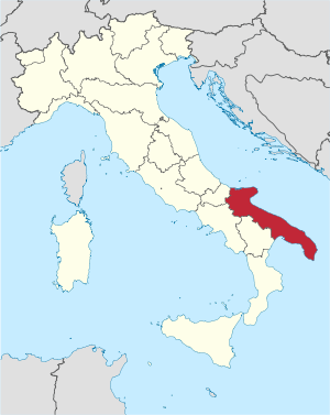 Karte Italiens, Apulien hervorgehoben