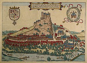 Die Siegesburg und die Stadt Segeberg auf einem colorierten Kupferstich von Georg Braun und Frans Hogenberg, 1588
