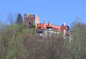 Burg Schwaneck vom östlichen Isarufer gesehen