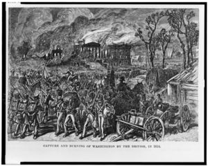 Nach ihrem Sieg brennen die Briten die öffentlichen Gebäude Washingtons nieder. Holzschnitt von 1876