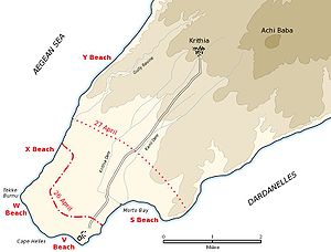 Karte von Kap Helles, rot gepunktet sind die Ausgangsstellungen der ersten Schlacht um Krithia