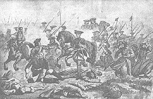 Karl XII. mitten in der Schlacht von Golowtschin