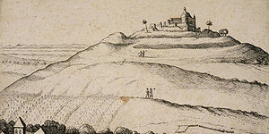 Der Kochersberg mit der Burg Kochersberg, Zeichnung eines anonymen Künstlers aus dem Jahr 1644