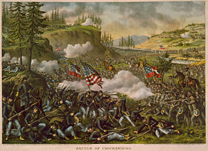 Schlacht am Chickamauga, kolorierte Lithografie von Kurz & Allison
