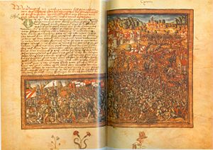 Darstellung der Schlacht bei Nancy in der Luzerner Chronik des Diebold Schilling.