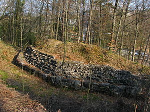 Ansicht vom Wall auf den Burggraben und die Überreste (Schildwall) der Burg Glanzenberg