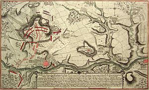 Kolorierter (unkorrekter) Plan der Schlacht bei Warburg (1762)