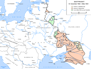 Geländegewinne der Roten Armee vom November 1942 bis März 1943. Gelbe Abschnitte zeigen die Erfolge der Operation Kolzo. Rote Abschnitte im Süden die Gebietsverluste der Wehrmacht durch die Operation Uranus.