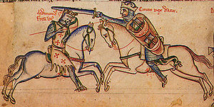 Edmund Eisenseite (links) im Zweikampf mit Knut dem Großen. (Darstellung aus der Chronica Majora des Matthew Paris, um 1250)