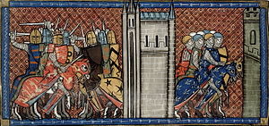 König Johann von England im Kampf mit Prinz Ludwig von Frankreich. Darstellung aus den Chroniques de Saint-Denis, 14. Jahrhundert.