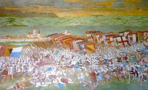 Die Schlacht auf dem Fresko in der Schlachtkapelle von Sempach (16. oder 17. Jahrhundert)