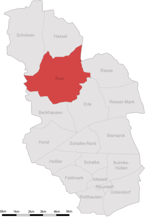 Karte von Gelsenkirchen, in der Buer rot markiert ist.