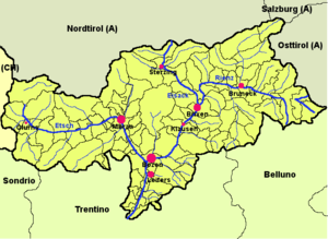 Südtirol mit seinen Gemeinden, Städten und Flüssen