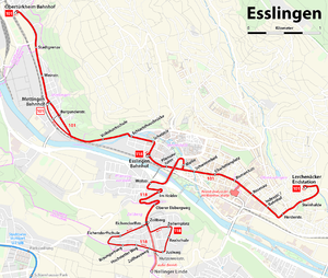Strecke der Oberleitungsbus Esslingen am Neckar